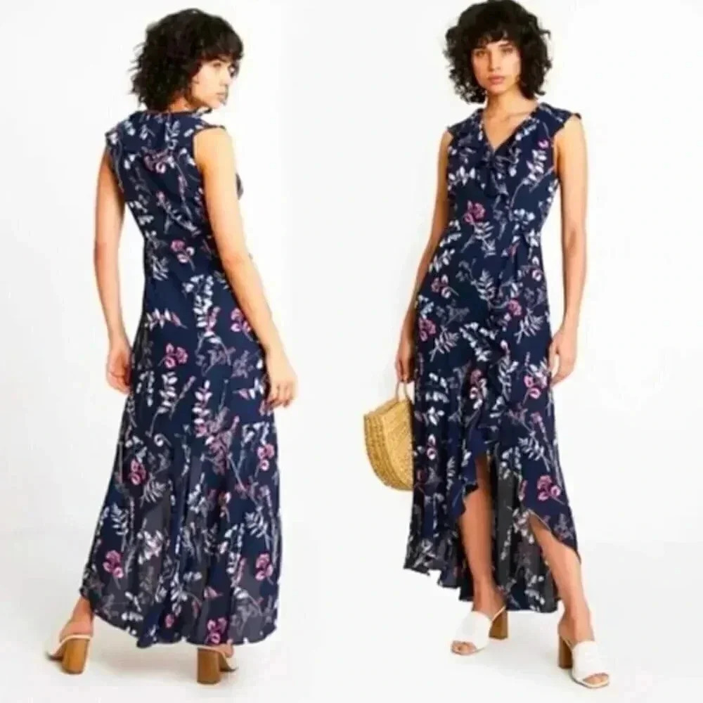 Banana Republic Size 2 High Low Ruffled Dress Navy Sleeveless Sundress